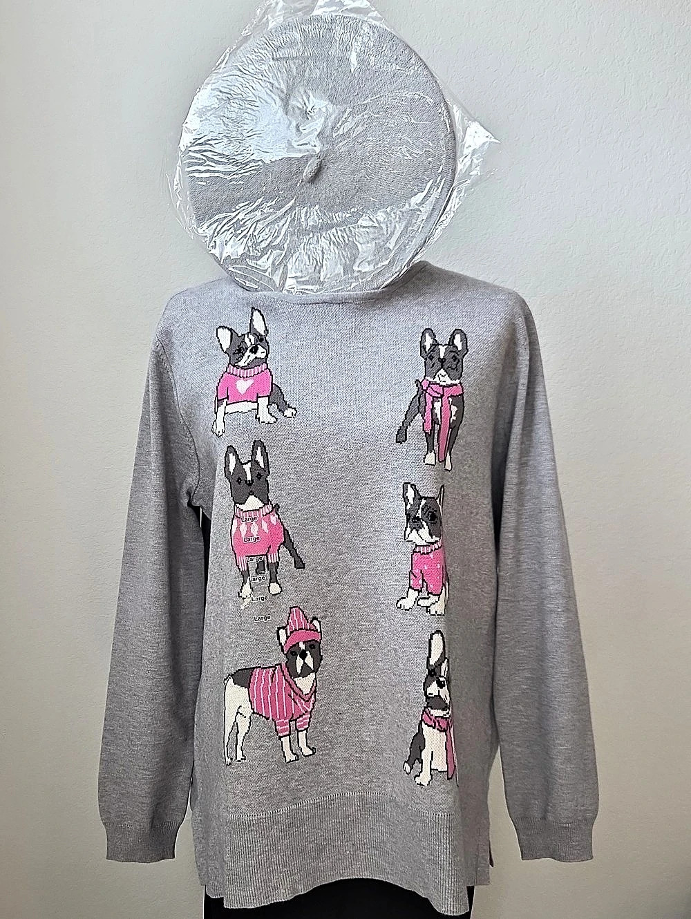 Bundle: New Beret Hat, Astrologie Frenchie French Bulldog Dog Sweater Gray Pink